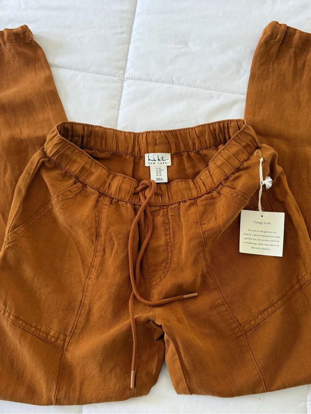 Nicole Miller Rust Orange Drawstring Linen Joggers